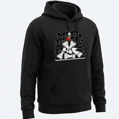 Cartoon style chess piece clown with Checkmate Joker text in vibrant colors. — printed on a unisex hoodie