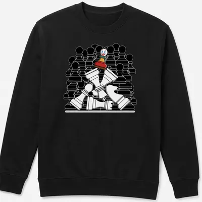 Cartoon style chess piece clown with Checkmate Joker text in vibrant colors. — printed on a unisex sweatshirt