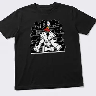 Cartoon style chess piece clown with Checkmate Joker text in vibrant colors. — printed on a unisex t-shirt