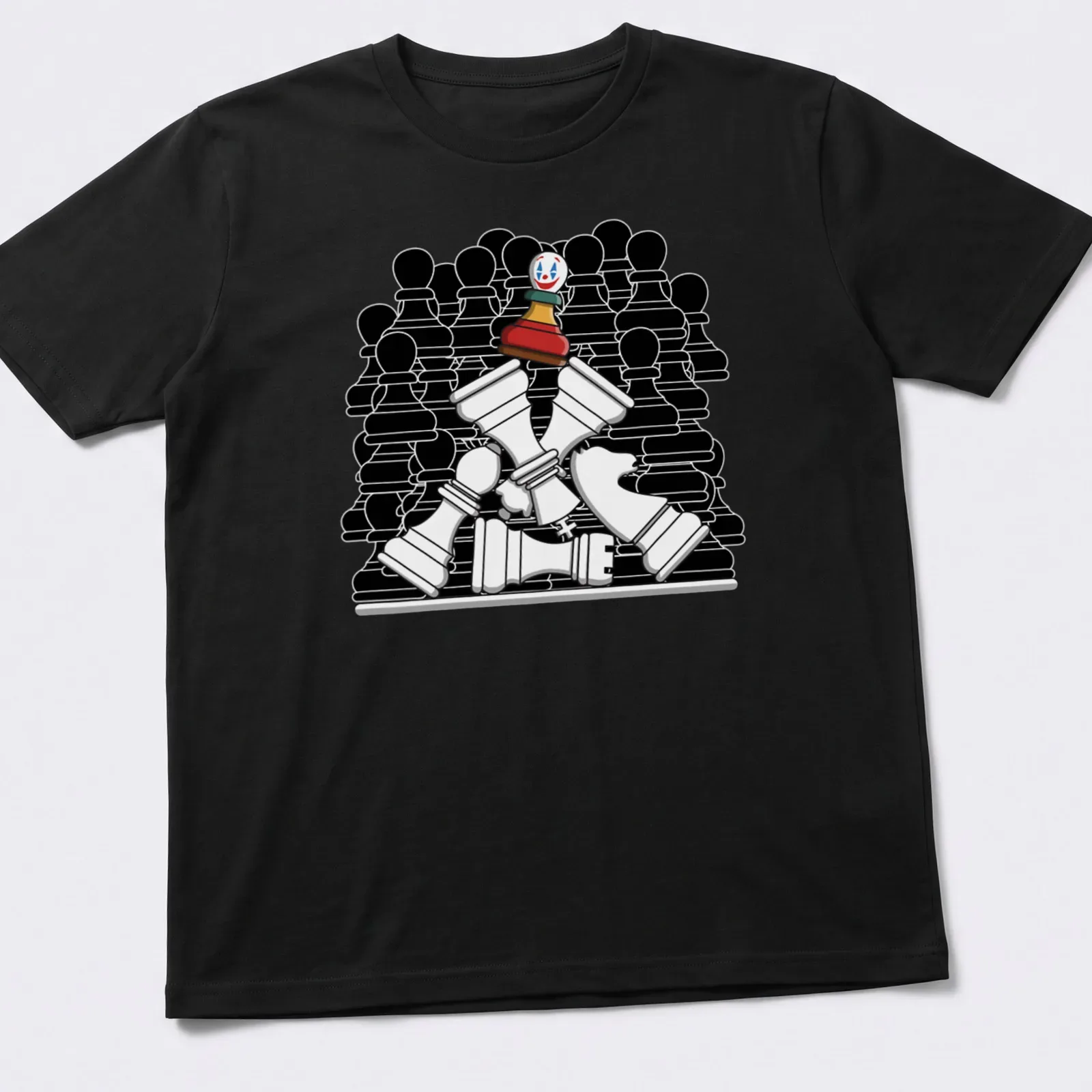 Cartoon style chess piece clown with Checkmate Joker text in vibrant colors. — printed on a unisex t-shirt