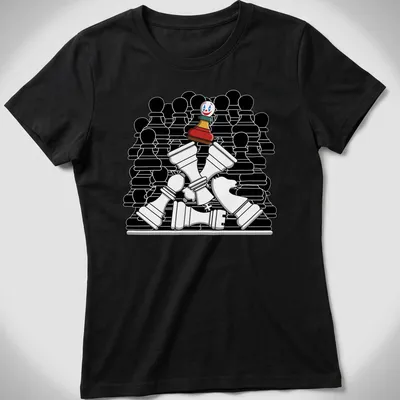 Cartoon style chess piece clown with Checkmate Joker text in vibrant colors. — printed on a women's shirt