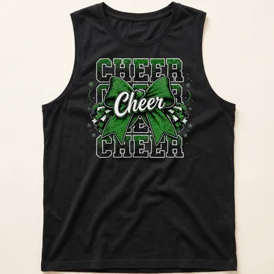 Glittery cheer bow with text 'CHEER CHEER CHEER' in green, black, and white — printed on a tank top
