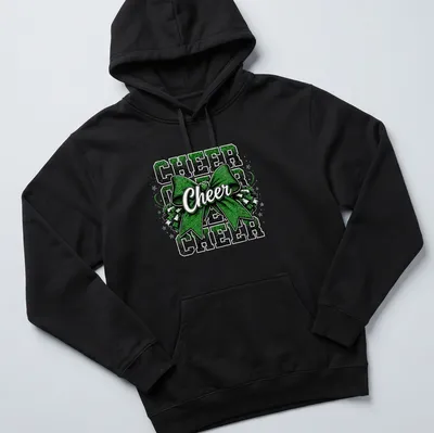 Glittery cheer bow with text 'CHEER CHEER CHEER' in green, black, and white — printed on a unisex hoodie