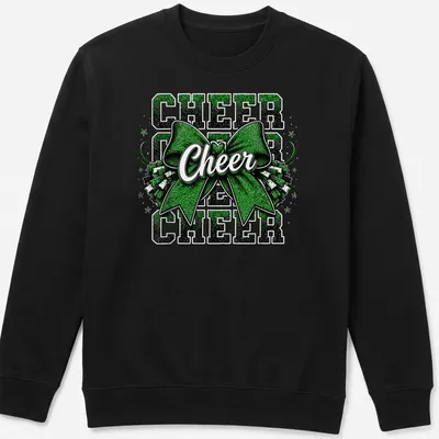 Glittery cheer bow with text 'CHEER CHEER CHEER' in green, black, and white — printed on a unisex sweatshirt