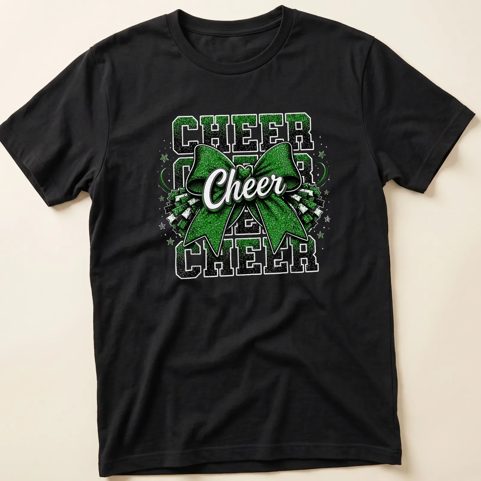 Glittery cheer bow with text 'CHEER CHEER CHEER' in green, black, and white — printed on a unisex t-shirt