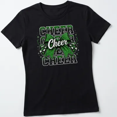 Glittery cheer bow with text 'CHEER CHEER CHEER' in green, black, and white — printed on a women's shirt