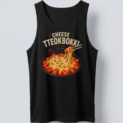 Illustrative shirt featuring colorful Korean Tteokbokki with text about spicy cheesy rice cakes — printed on a tank top