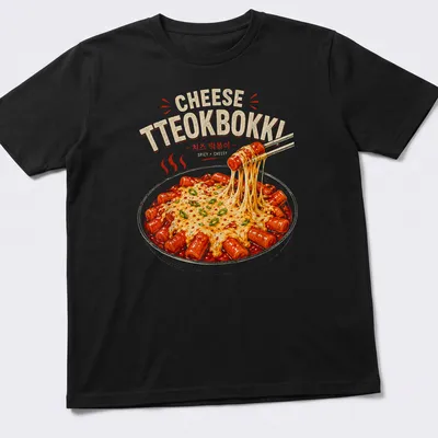 Illustrative shirt featuring colorful Korean Tteokbokki with text about spicy cheesy rice cakes