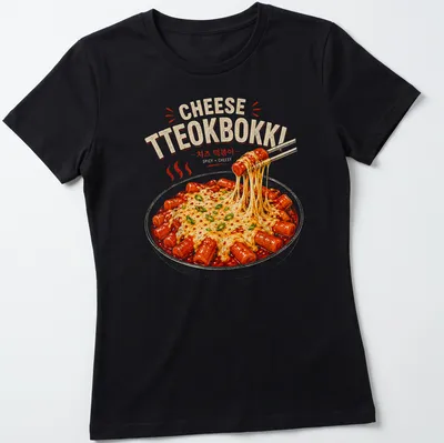 Illustrative shirt featuring colorful Korean Tteokbokki with text about spicy cheesy rice cakes — printed on a women's shirt