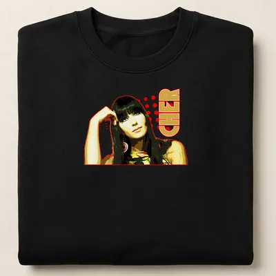 Vintage pop art Cher t-shirt with bold colors and retro design — printed on a unisex sweatshirt