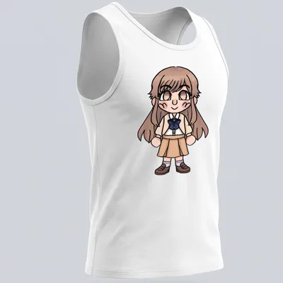 Kawaii chibi character Yokoi Ruka t-shirt in brown, beige, blue, and white — printed on a tank top