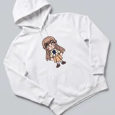 Kawaii chibi character Yokoi Ruka t-shirt in brown, beige, blue, and white — printed on a unisex hoodie