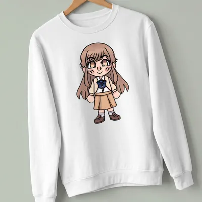 Kawaii chibi character Yokoi Ruka t-shirt in brown, beige, blue, and white — printed on a unisex sweatshirt