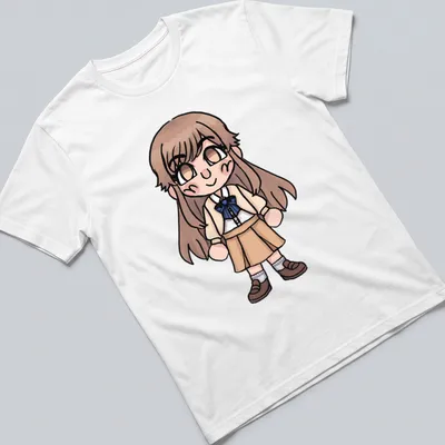 Kawaii chibi character Yokoi Ruka t-shirt in brown, beige, blue, and white