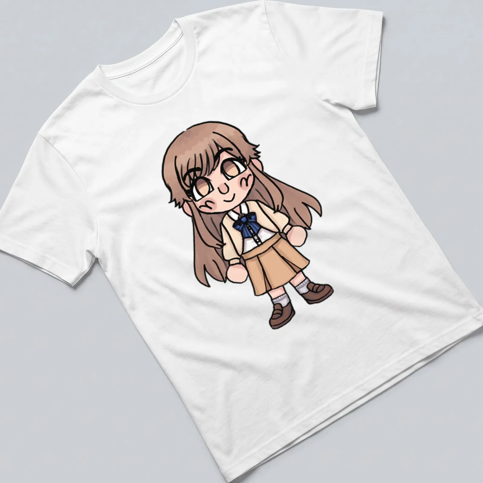 Kawaii chibi character Yokoi Ruka t-shirt in brown, beige, blue, and white — printed on a unisex t-shirt