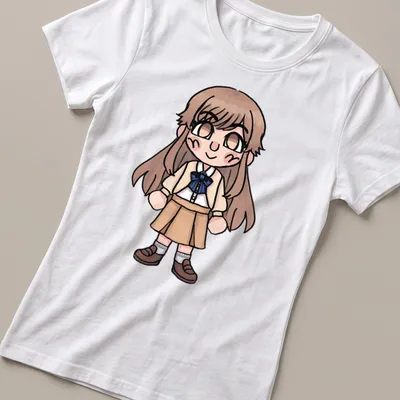 Kawaii chibi character Yokoi Ruka t-shirt in brown, beige, blue, and white — printed on a women's shirt