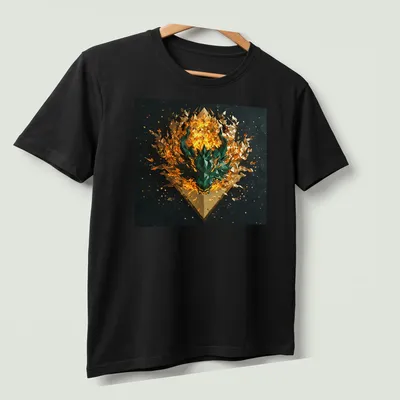 3D rendered Chimera mythical beast graphic on fiery background — printed on a unisex t-shirt (angled view)