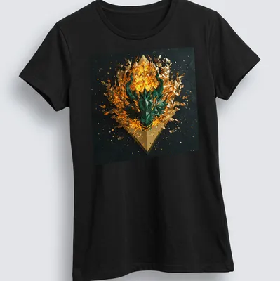 3D rendered Chimera mythical beast graphic on fiery background — printed on a women's shirt