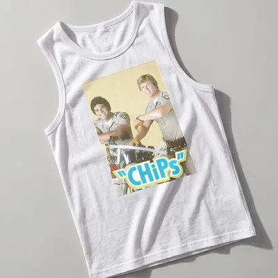 Vintage style t-shirt featuring a motorcycle police duo and CHiPs text — printed on a tank top