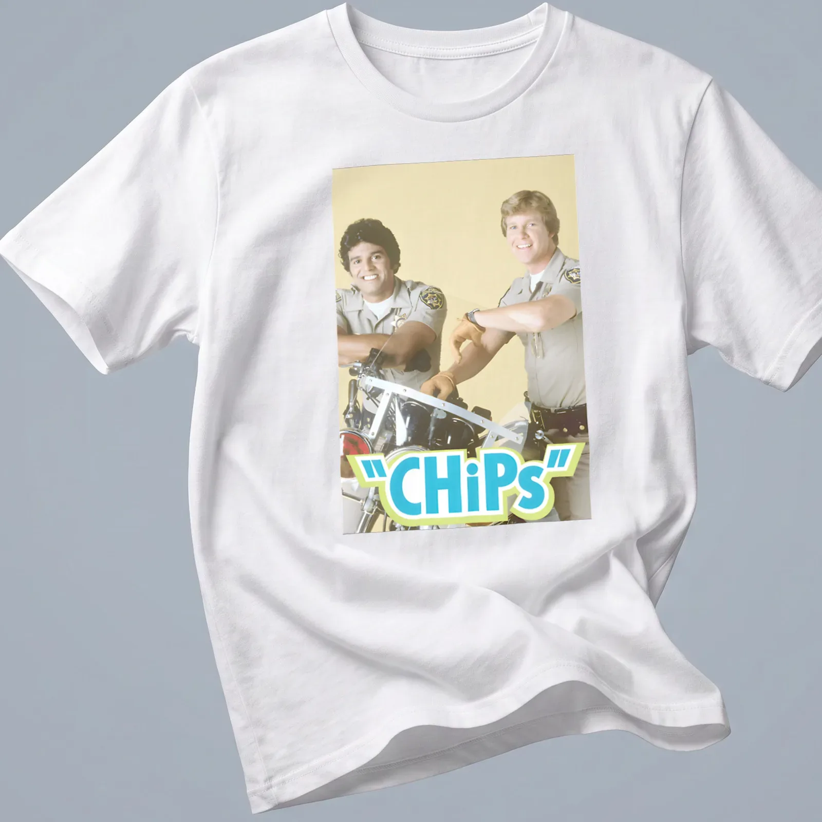 Vintage style t-shirt featuring a motorcycle police duo and CHiPs text — printed on a unisex t-shirt