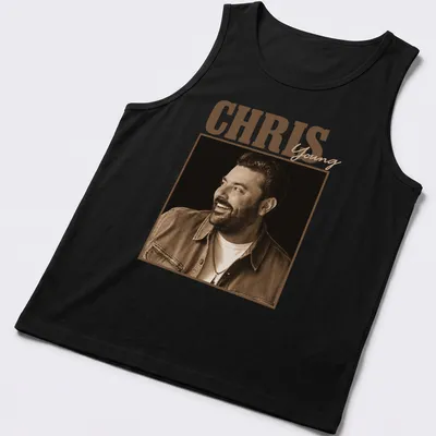 Vintage style Chris Young t-shirt with distressed lettering in brown and cream — printed on a tank top