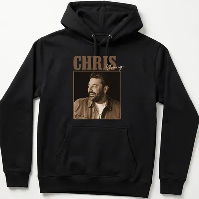 Vintage style Chris Young t-shirt with distressed lettering in brown and cream — printed on a unisex hoodie