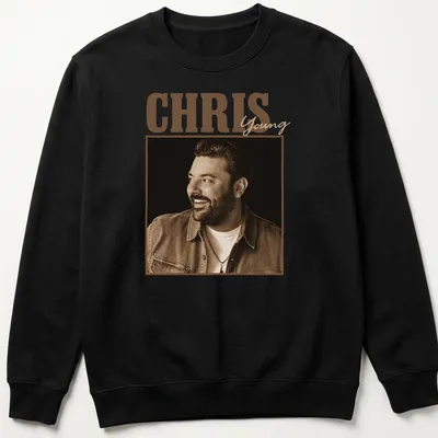 Vintage style Chris Young t-shirt with distressed lettering in brown and cream — printed on a unisex sweatshirt