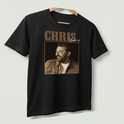 Vintage style Chris Young t-shirt with distressed lettering in brown and cream — printed on a unisex t-shirt (angled view)