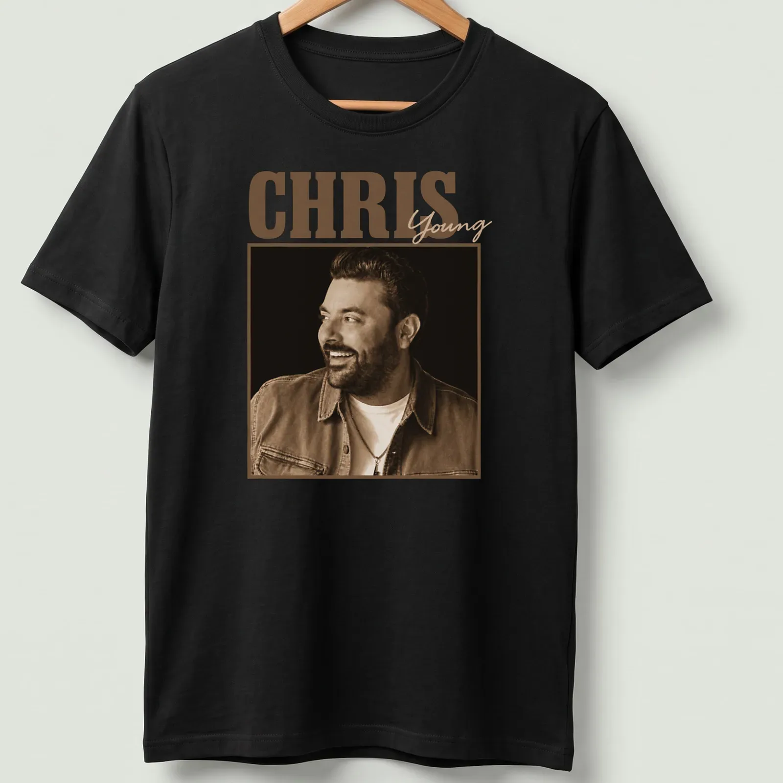 Vintage style Chris Young t-shirt with distressed lettering in brown and cream — printed on a unisex t-shirt