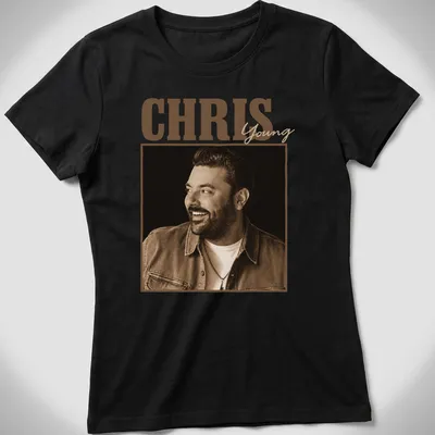 Vintage style Chris Young t-shirt with distressed lettering in brown and cream — printed on a women's shirt