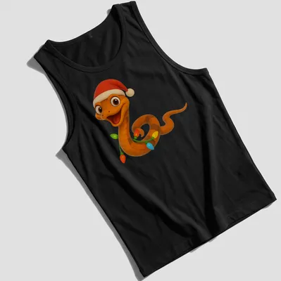 Kawaii cartoon Christmas Boiga snake decorated with colorful holiday lights — printed on a tank top