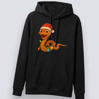Kawaii cartoon Christmas Boiga snake decorated with colorful holiday lights — printed on a unisex hoodie