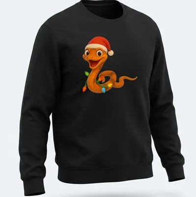 Kawaii cartoon Christmas Boiga snake decorated with colorful holiday lights — printed on a unisex sweatshirt
