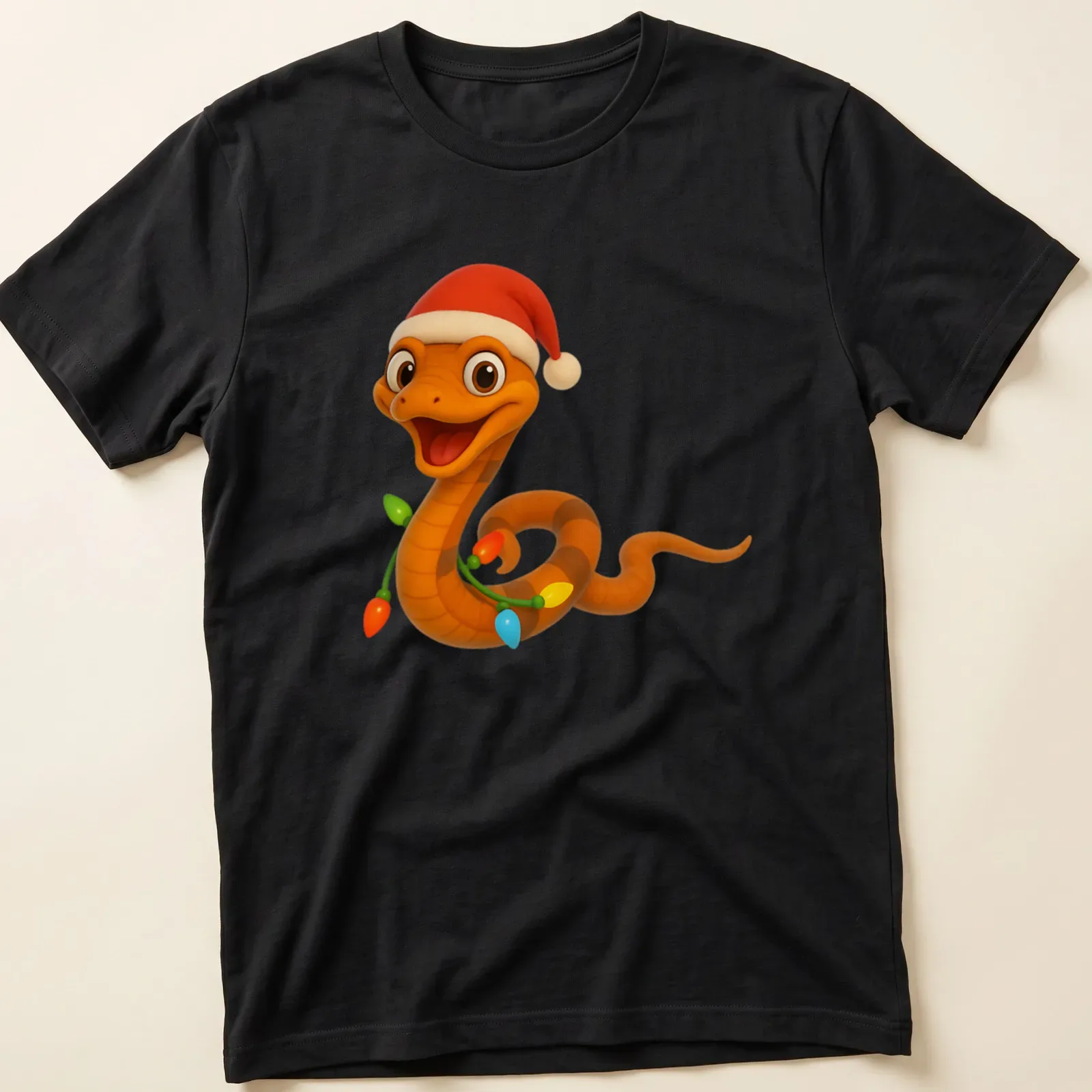 Kawaii cartoon Christmas Boiga snake decorated with colorful holiday lights — printed on a unisex t-shirt