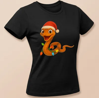 Kawaii cartoon Christmas Boiga snake decorated with colorful holiday lights — printed on a women's shirt