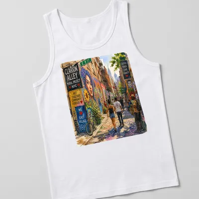 Watercolor street scene t-shirt featuring the Clarion Alley Mural Project text — printed on a tank top