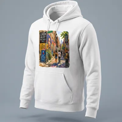 Watercolor street scene t-shirt featuring the Clarion Alley Mural Project text — printed on a unisex hoodie