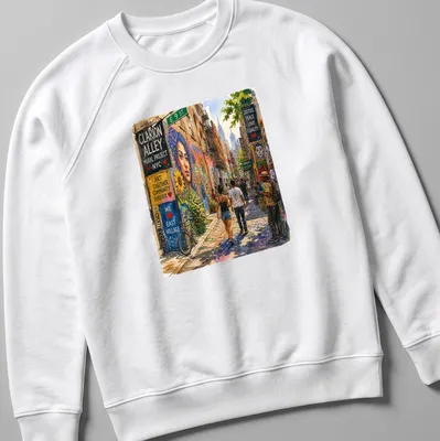Watercolor street scene t-shirt featuring the Clarion Alley Mural Project text — printed on a unisex sweatshirt