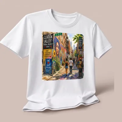 Watercolor street scene t-shirt featuring the Clarion Alley Mural Project text — printed on a unisex t-shirt (angled view)