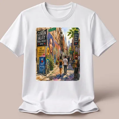 Watercolor street scene t-shirt featuring the Clarion Alley Mural Project text — printed on a unisex t-shirt