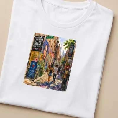Watercolor street scene t-shirt featuring the Clarion Alley Mural Project text — printed on a women's shirt