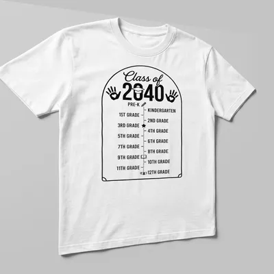 Minimalist graduation timeline t-shirt with printed text of grade levels — printed on a unisex t-shirt (angled view)