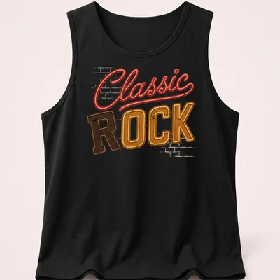 Vintage neon sign art with 'Classic Rock' in glowing letters — printed on a tank top