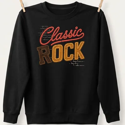 Vintage neon sign art with 'Classic Rock' in glowing letters — printed on a unisex sweatshirt