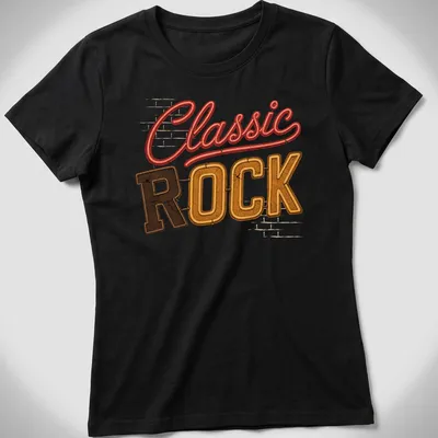 Vintage neon sign art with 'Classic Rock' in glowing letters — printed on a women's shirt