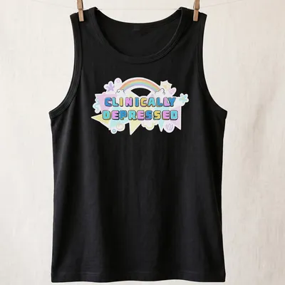 Kawaii T-shirt featuring rainbow design and the text 'CLINICALLY DEPRESSED' in pastel colors — printed on a tank top