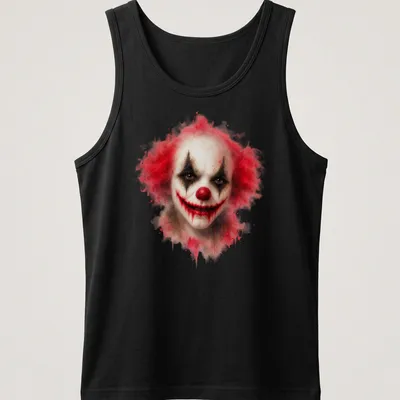 Watercolor clown face with red hair against a black and white background — printed on a tank top