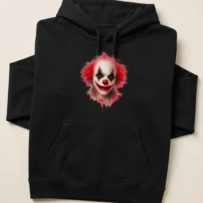 Watercolor clown face with red hair against a black and white background — printed on a unisex hoodie