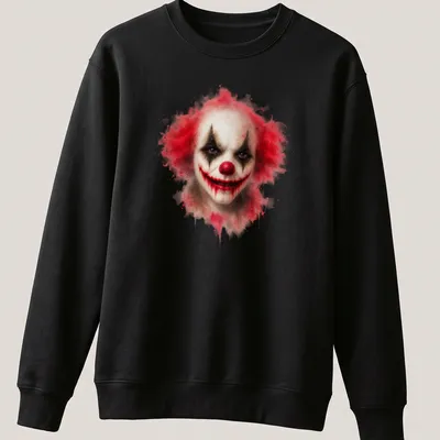 Watercolor clown face with red hair against a black and white background — printed on a unisex sweatshirt