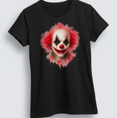 Watercolor clown face with red hair against a black and white background — printed on a women's shirt